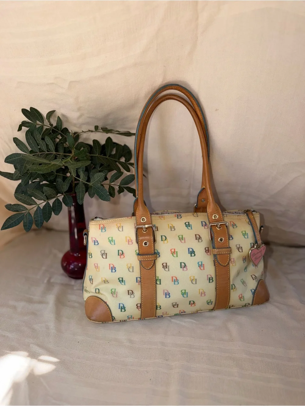 Dooney & Bourke Cream Multicolor DB Logo Satchel with Tan Trim